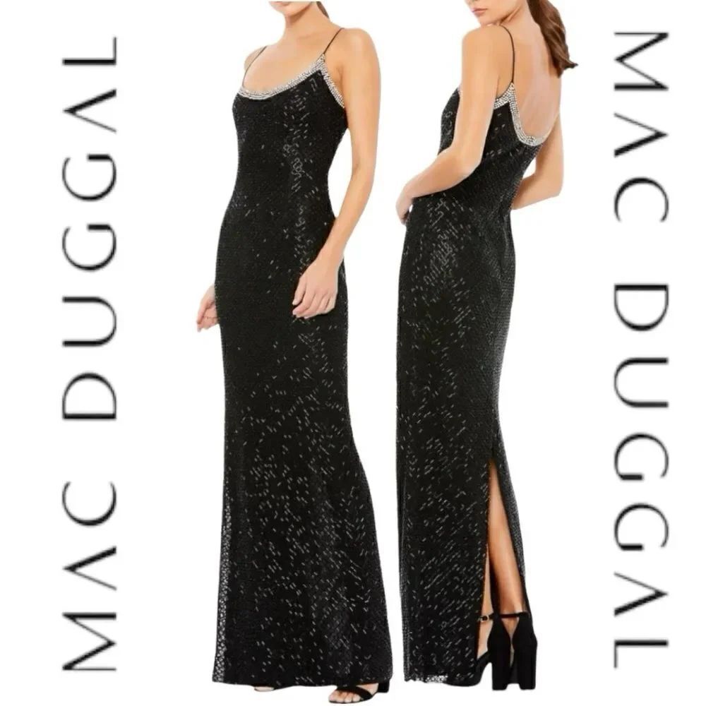 MAC DUGGAL Women’s Beaded Spaghetti Strap Column Gown in the Size 14 in Black